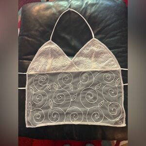 Sz S White Sheer Embroidered Bead Halter Crop Top